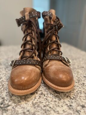 Freebird Cheyenne Tan/Brown Studded Lace-Up Leather Ankle Boots